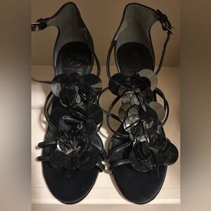 Tory Burch Black Sandals with Glossy Floral Design